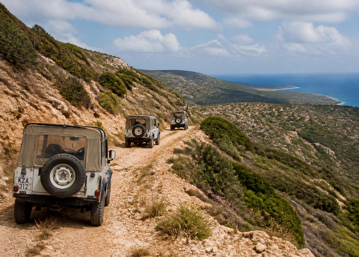Off-road track crossing the wild Akamas Peninsula above the sea in Cyprus