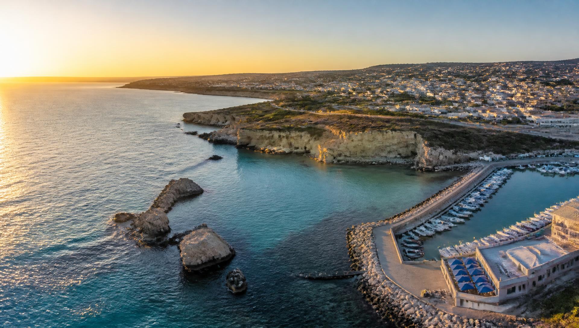 Aerial view of the Paphos coastline and harbour at golden hour, Cyprus